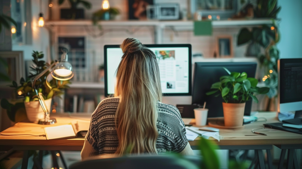 an image of a girl sat at a desk on a computer, surrounded by plants