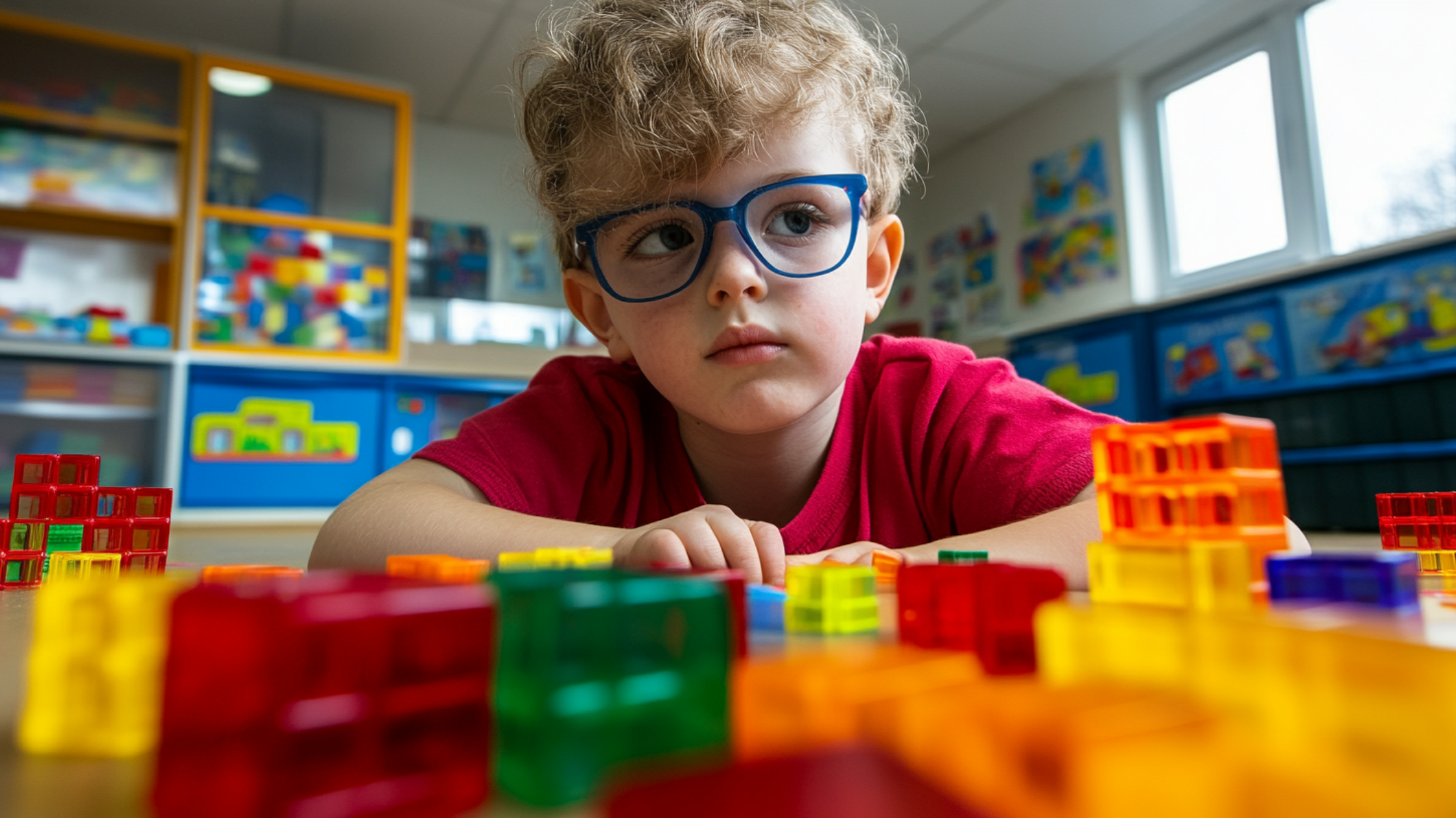 A child at a nursery playing with see through bricks