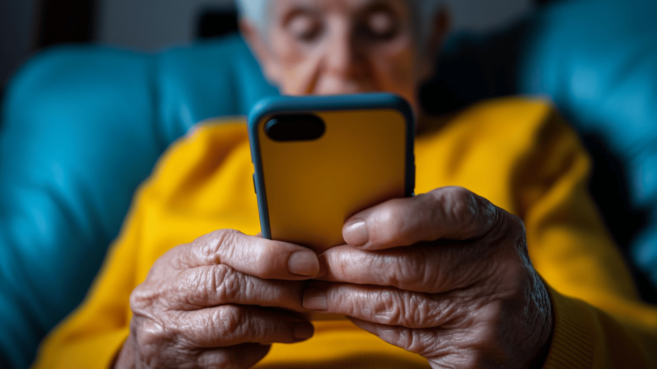 Elderly woman in care home using social media on her yellow phone
