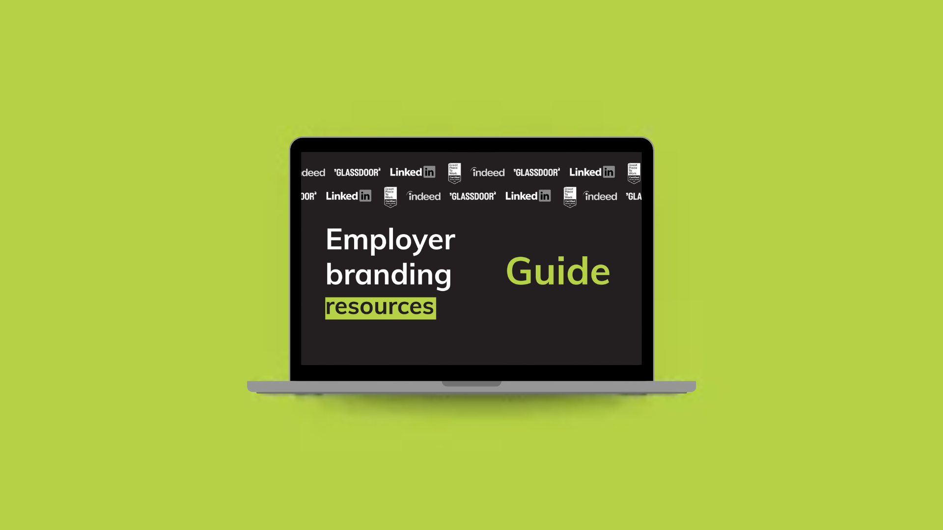 Laptop with the words Employer branding resource guide in white against a slate black background.
